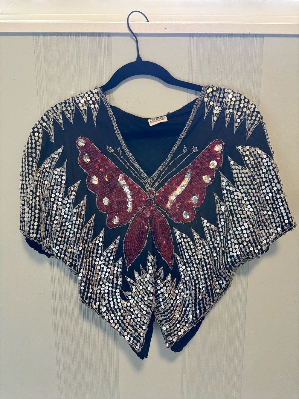 Embellished Black Top with Red Sequin Butterfly